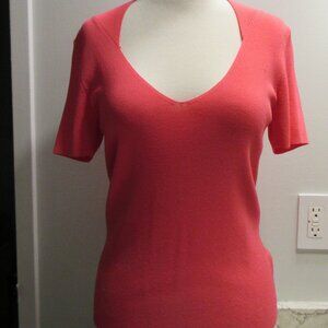 Evie Short Sleeve Ribbed Knit Top V-Neck Bright Pink Sz Small Rayon/Nylon Blend